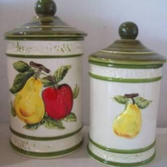 Kitchen Canisters 3D Raised Fruit Porcelain Ceramic Jars + Lids 2 Vtg Containers - Picture 3 of 4